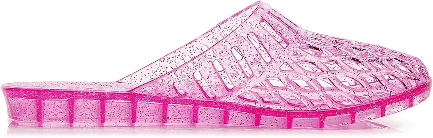 Womens Jelly Shoes, White Jellies Sandals Glitter Clear Flats Slip On Summer Beach Slippers Transparent Closed Toe Soft Slide