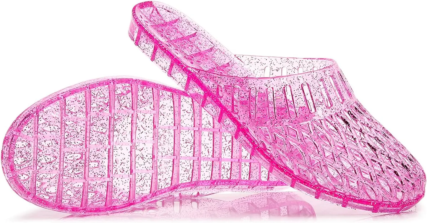 Womens Jelly Shoes, White Jellies Sandals Glitter Clear Flats Slip On Summer Beach Slippers Transparent Closed Toe Soft Slide