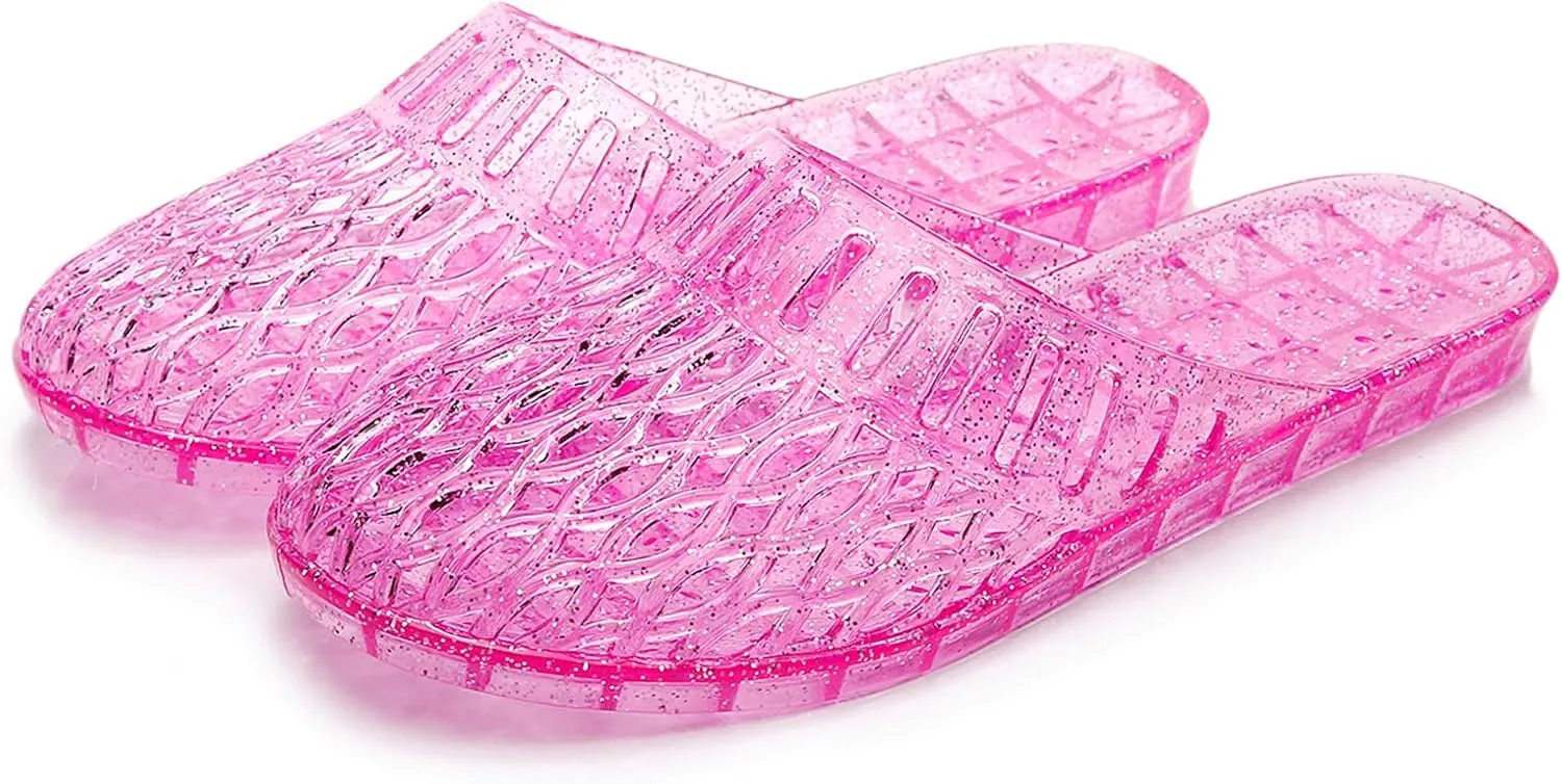 Womens Jelly Shoes, White Jellies Sandals Glitter Clear Flats Slip On Summer Beach Slippers Transparent Closed Toe Soft Slide