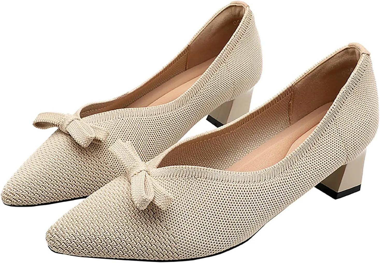 Women's Knitted Bow Pointed Toe Mid Chunky Heel Pumps Fashion Breathable Mesh Slip On Comfort Low Block Heel Dress Shoes for Wedding Party Dates