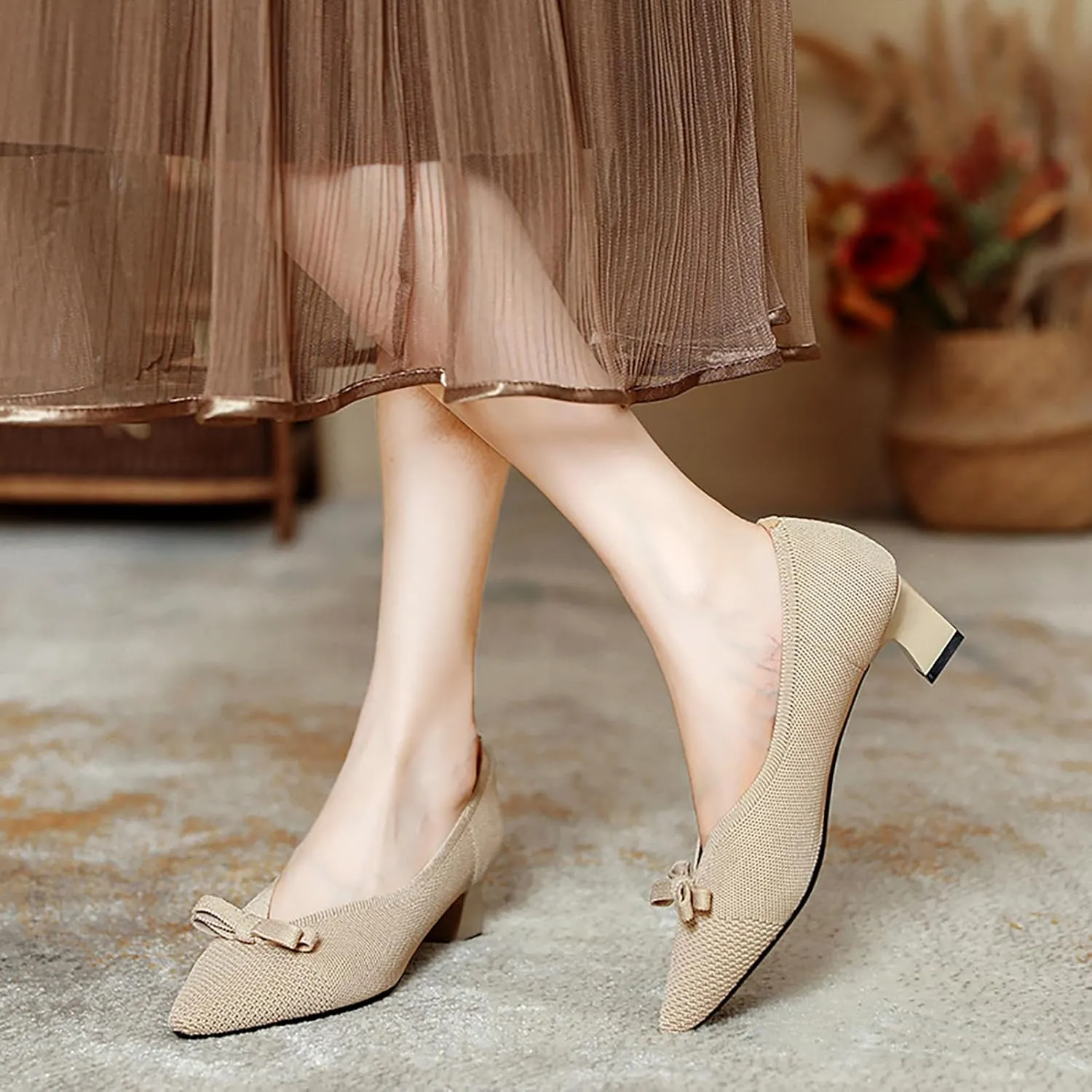 Women's Knitted Bow Pointed Toe Mid Chunky Heel Pumps Fashion Breathable Mesh Slip On Comfort Low Block Heel Dress Shoes for Wedding Party Dates