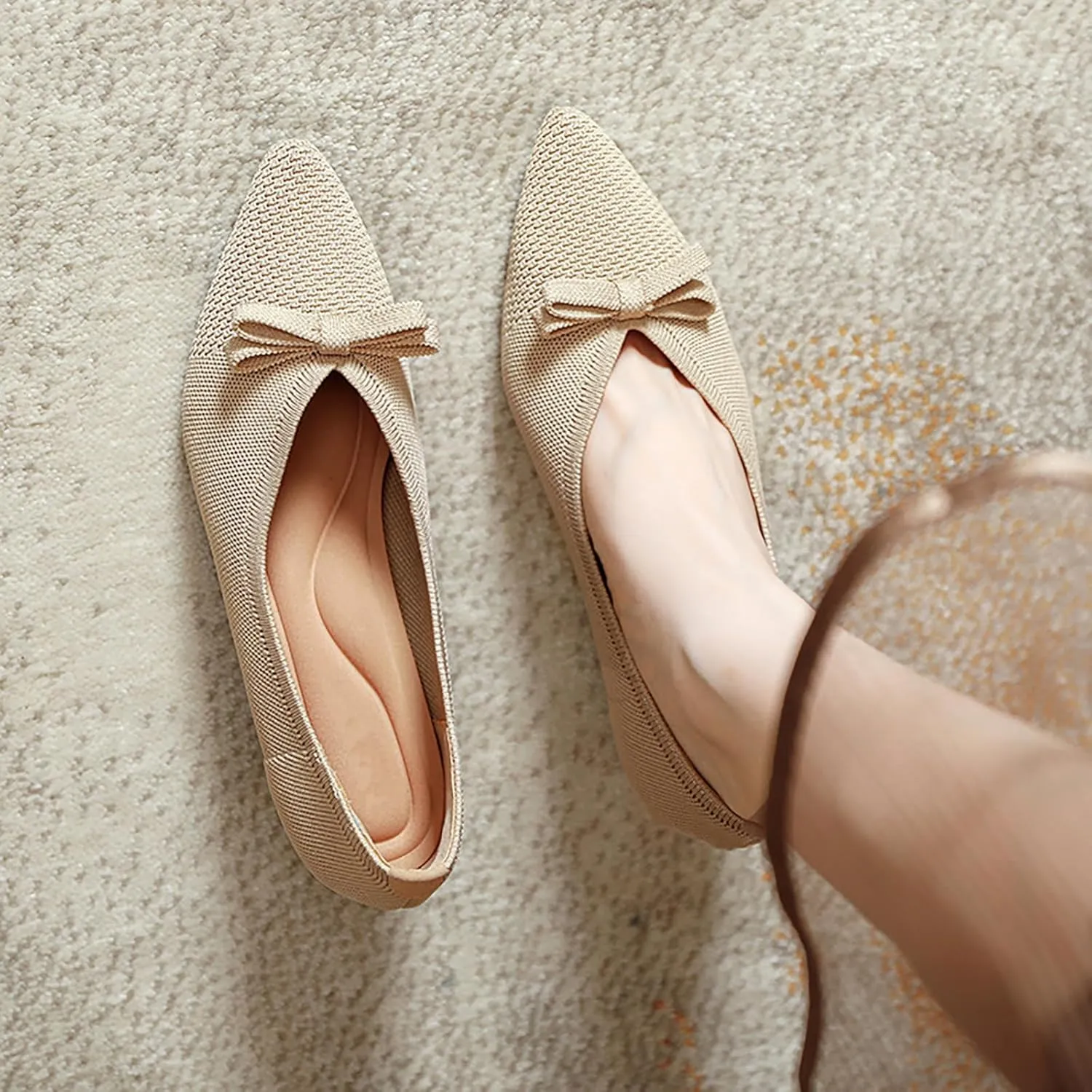 Women's Knitted Bow Pointed Toe Mid Chunky Heel Pumps Fashion Breathable Mesh Slip On Comfort Low Block Heel Dress Shoes for Wedding Party Dates