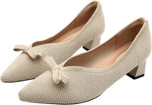 Women's Knitted Bow Pointed Toe Mid Chunky Heel Pumps Fashion Breathable Mesh Slip On Comfort Low Block Heel Dress Shoes for Wedding Party Dates