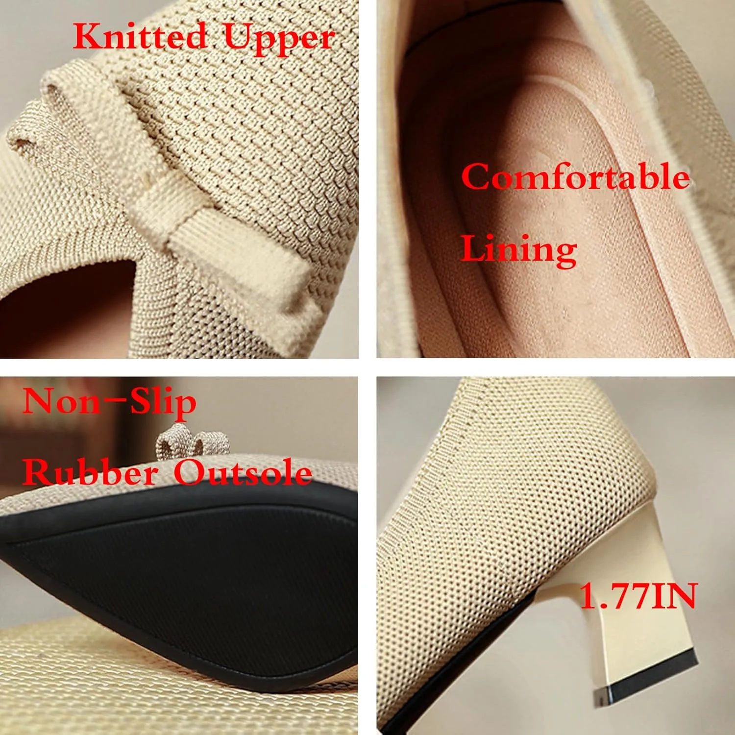 Women's Knitted Bow Pointed Toe Mid Chunky Heel Pumps Fashion Breathable Mesh Slip On Comfort Low Block Heel Dress Shoes for Wedding Party Dates