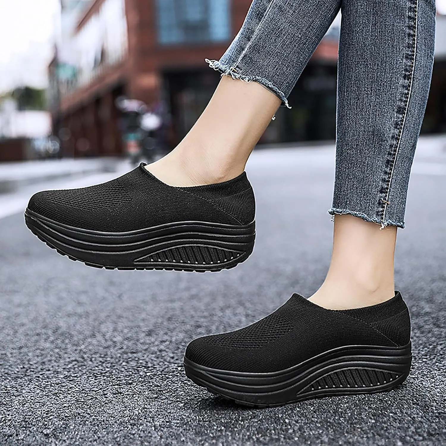 Women's Knitted Platform Slip On Walking Sneakers,Comfort Lightweight Arch Support Non Slip Casual Mesh Breathable Workout Work Shoes