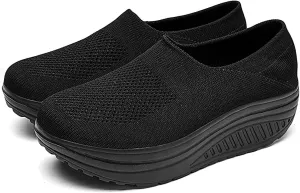 Women's Knitted Platform Slip On Walking Sneakers,Comfort Lightweight Arch Support Non Slip Casual Mesh Breathable Workout Work Shoes