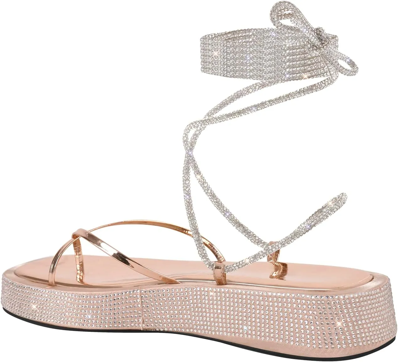Womens Lace up Platform Flat Sandals Rhinestone Open Toe Strappy Thong Tie up Slide Summer Beach Sandals
