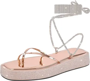 Womens Lace up Platform Flat Sandals Rhinestone Open Toe Strappy Thong Tie up Slide Summer Beach Sandals