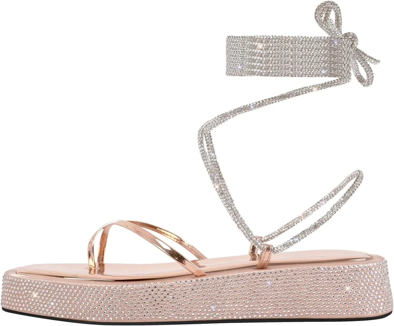 Womens Lace up Platform Flat Sandals Rhinestone Open Toe Strappy Thong Tie up Slide Summer Beach Sandals