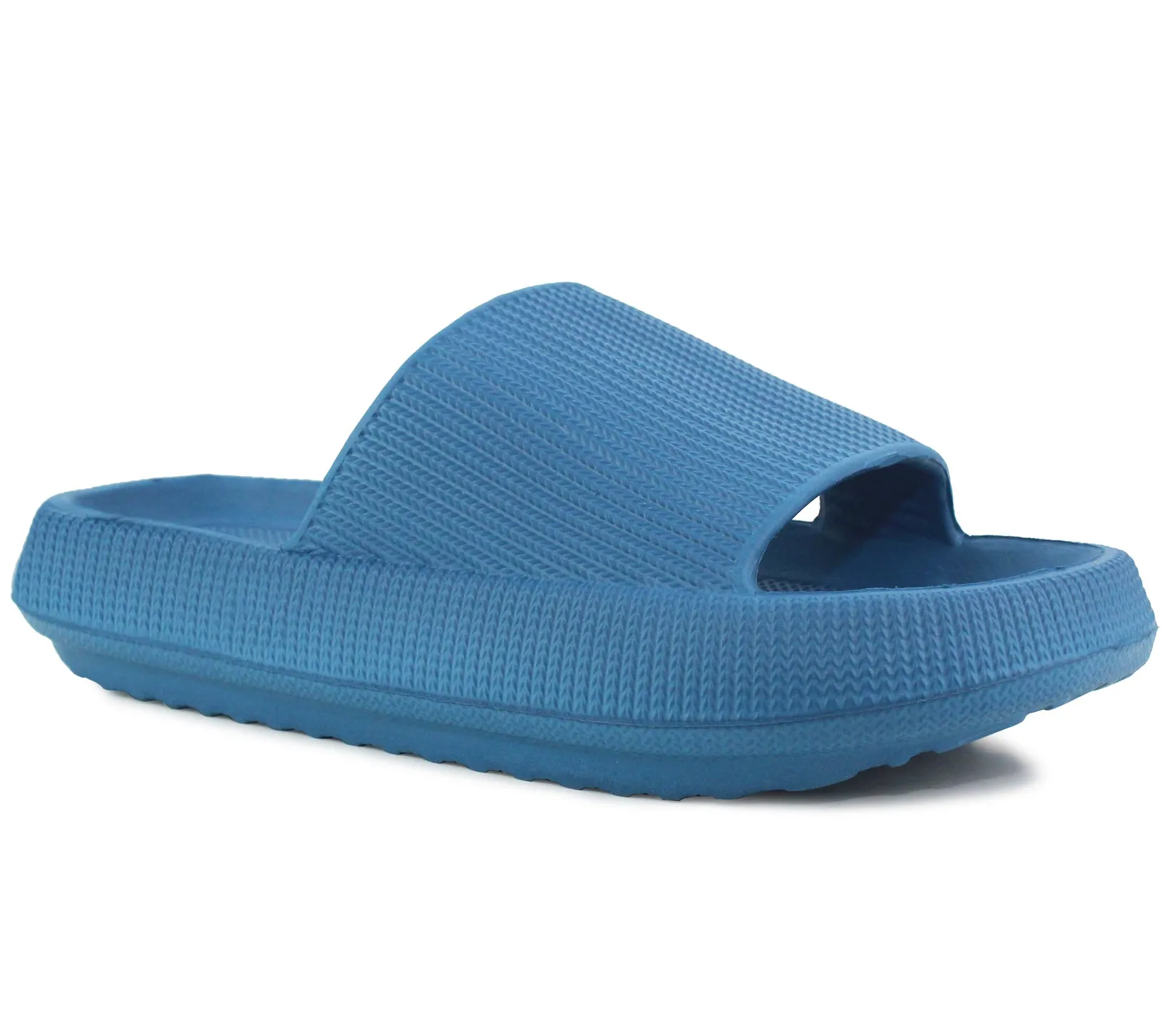 Womens Ladies Blue Fashion Slides Lightweight Slip On Platform Sole Anti-Slip Summer Pool Sliders Beach Sandals Massage Insole Shower Spa Bathroom Indoor Slipper Flip Flops