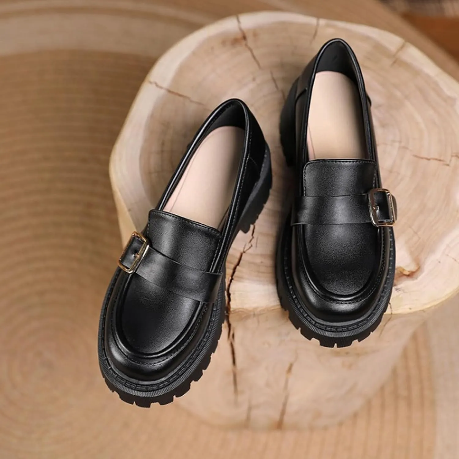 Women's Leather Chunky Lug Sole Monk Buckle Loafers Retro Round Toe Block-Heeled Comfortable Platform-Heightened Slip-On Casual Formal Shoes for Work,Parties,Dress