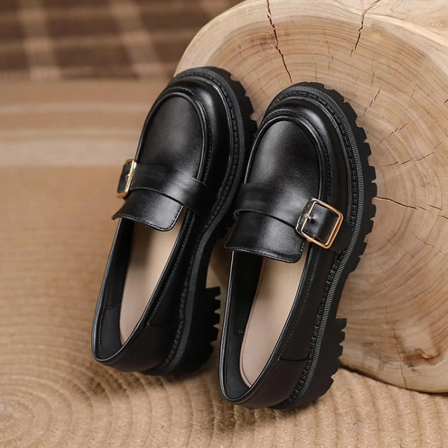 Women's Leather Chunky Lug Sole Monk Buckle Loafers Retro Round Toe Block-Heeled Comfortable Platform-Heightened Slip-On Casual Formal Shoes for Work,Parties,Dress