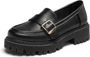 Women's Leather Chunky Lug Sole Monk Buckle Loafers Retro Round Toe Block-Heeled Comfortable Platform-Heightened Slip-On Casual Formal Shoes for Work,Parties,Dress