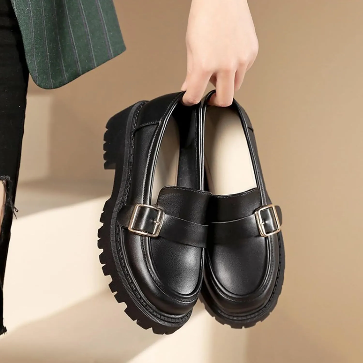 Women's Leather Chunky Lug Sole Monk Buckle Loafers Retro Round Toe Block-Heeled Comfortable Platform-Heightened Slip-On Casual Formal Shoes for Work,Parties,Dress