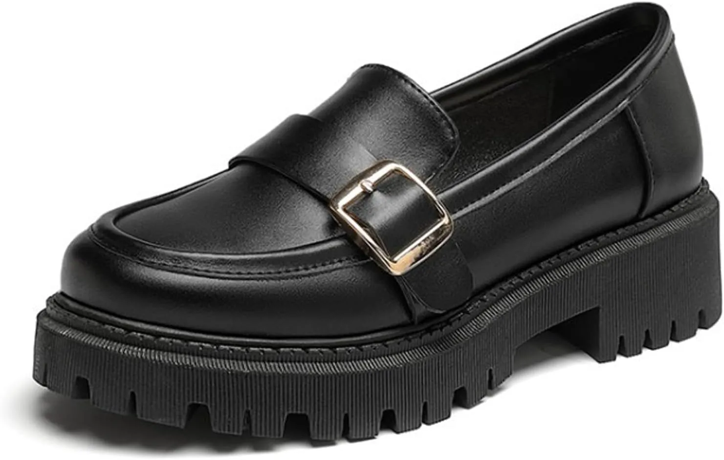 Women's Leather Chunky Lug Sole Monk Buckle Loafers Retro Round Toe Block-Heeled Comfortable Platform-Heightened Slip-On Casual Formal Shoes for Work,Parties,Dress