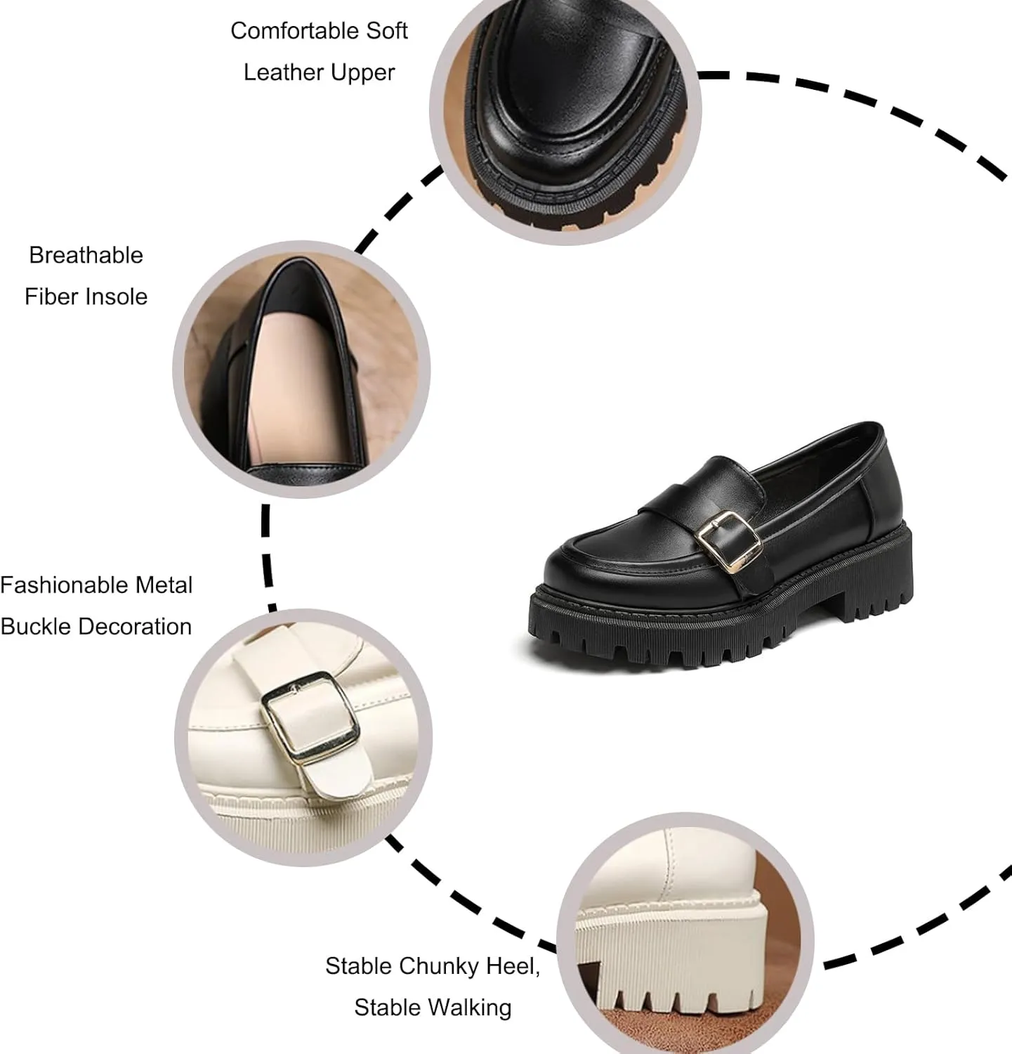 Women's Leather Chunky Lug Sole Monk Buckle Loafers Retro Round Toe Block-Heeled Comfortable Platform-Heightened Slip-On Casual Formal Shoes for Work,Parties,Dress