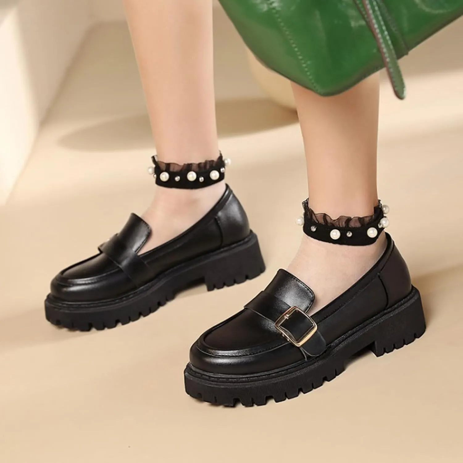 Women's Leather Chunky Lug Sole Monk Buckle Loafers Retro Round Toe Block-Heeled Comfortable Platform-Heightened Slip-On Casual Formal Shoes for Work,Parties,Dress