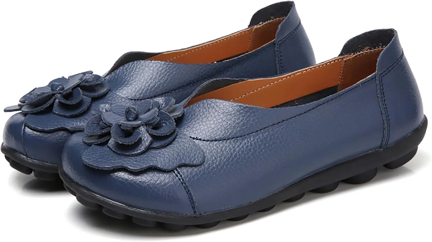 Women's Leather Flowers Loafers Lightweight Comfortable Round Toe Soft Bottom Walking Shoes Summer Casual Slip On Moccasins Driving Flats Outdoor Work Shoes