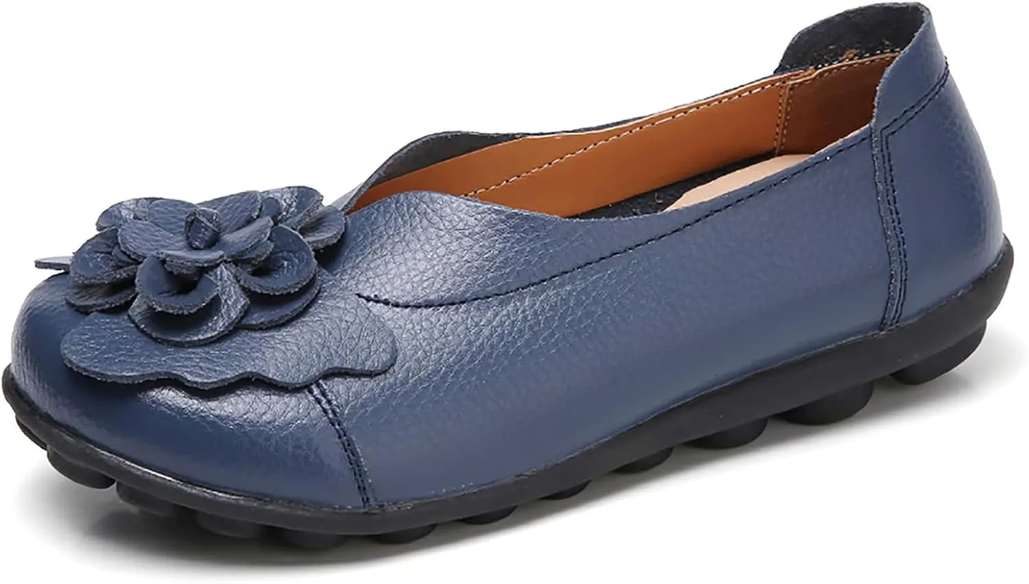 Women's Leather Flowers Loafers Lightweight Comfortable Round Toe Soft Bottom Walking Shoes Summer Casual Slip On Moccasins Driving Flats Outdoor Work Shoes