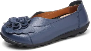 Women's Leather Flowers Loafers Lightweight Comfortable Round Toe Soft Bottom Walking Shoes Summer Casual Slip On Moccasins Driving Flats Outdoor Work Shoes