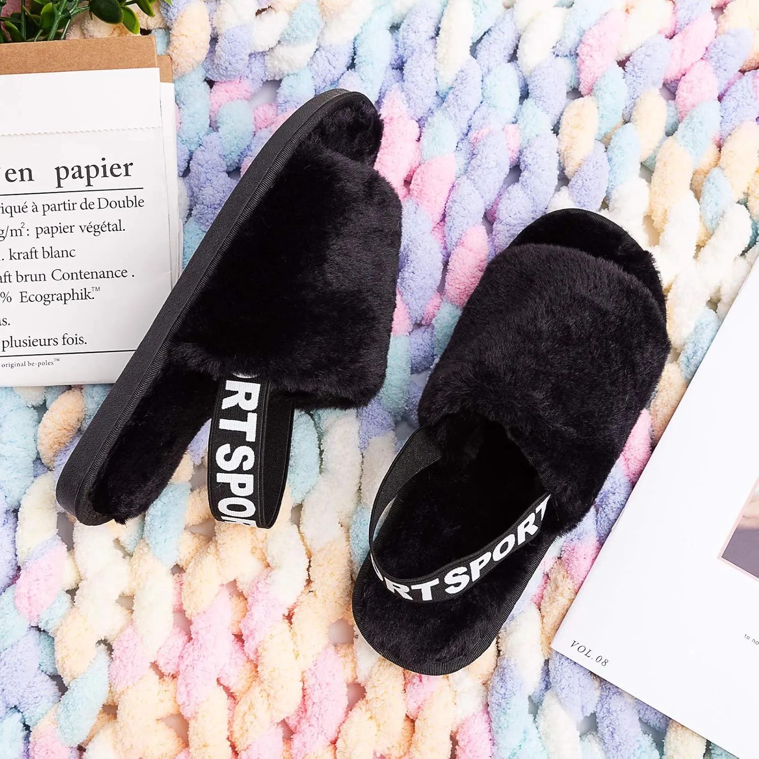 Womens Leopard Fuzzy Slippers Soft Plush Open Toe Faux Fur House Slide Sandals Indoor Spa Bedroom Flat Shoes with Elastic Strap