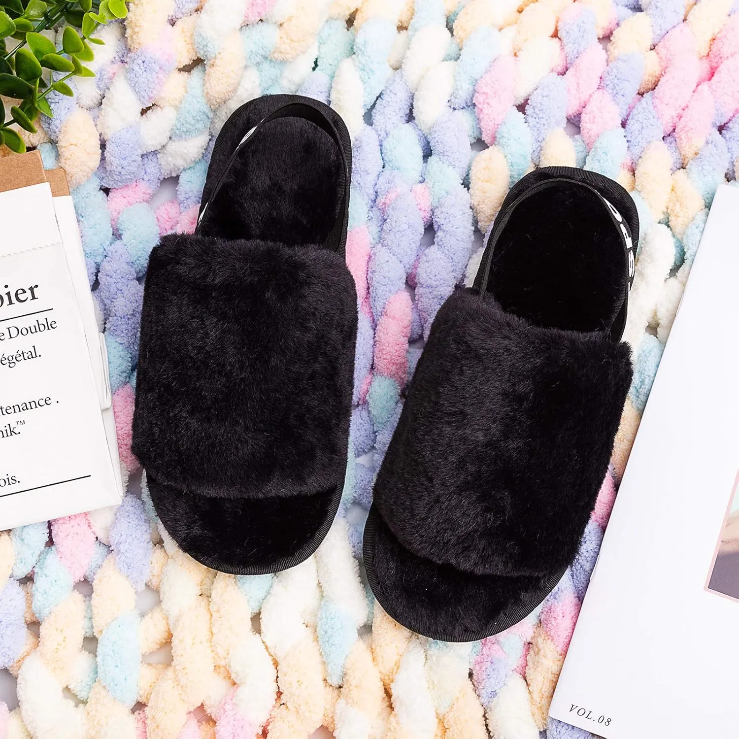 Womens Leopard Fuzzy Slippers Soft Plush Open Toe Faux Fur House Slide Sandals Indoor Spa Bedroom Flat Shoes with Elastic Strap