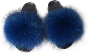 Womens Luxury Real Raccon Fur Sliders Sandal Slippers Furry Slides Fashion Flat Soles Soft Summer Slippers(8, Raccoon-Sapphire)