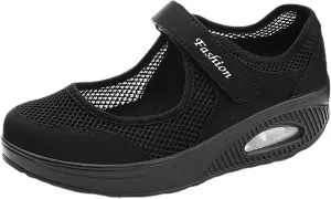 Womens Mesh Walking Shoes Working Nurse Shoes Non-Slip Adjustable Breathable Wedges Slip- Mary Janes Sneaker Fitness Casual Nursing Orthotic, Mary Jane Shoes, Lightweight Shoes Black