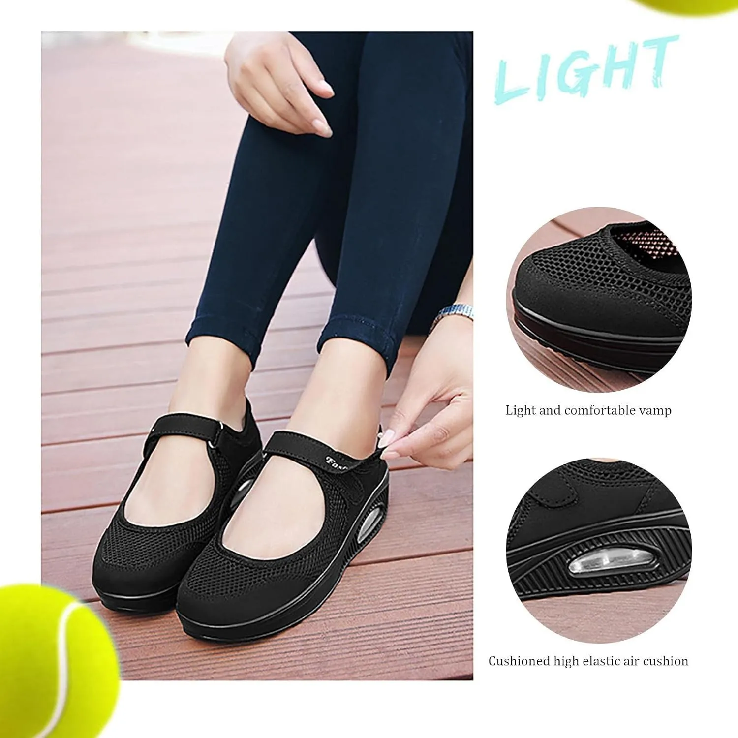 Womens Mesh Walking Shoes Working Nurse Shoes Non-Slip Adjustable Breathable Wedges Slip- Mary Janes Sneaker Fitness Casual Nursing Orthotic, Mary Jane Shoes, Lightweight Shoes Black