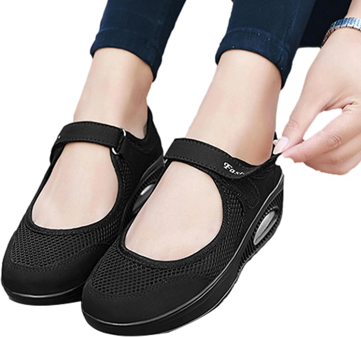 Womens Mesh Walking Shoes Working Nurse Shoes Non-Slip Adjustable Breathable Wedges Slip- Mary Janes Sneaker Fitness Casual Nursing Orthotic, Mary Jane Shoes, Lightweight Shoes Black