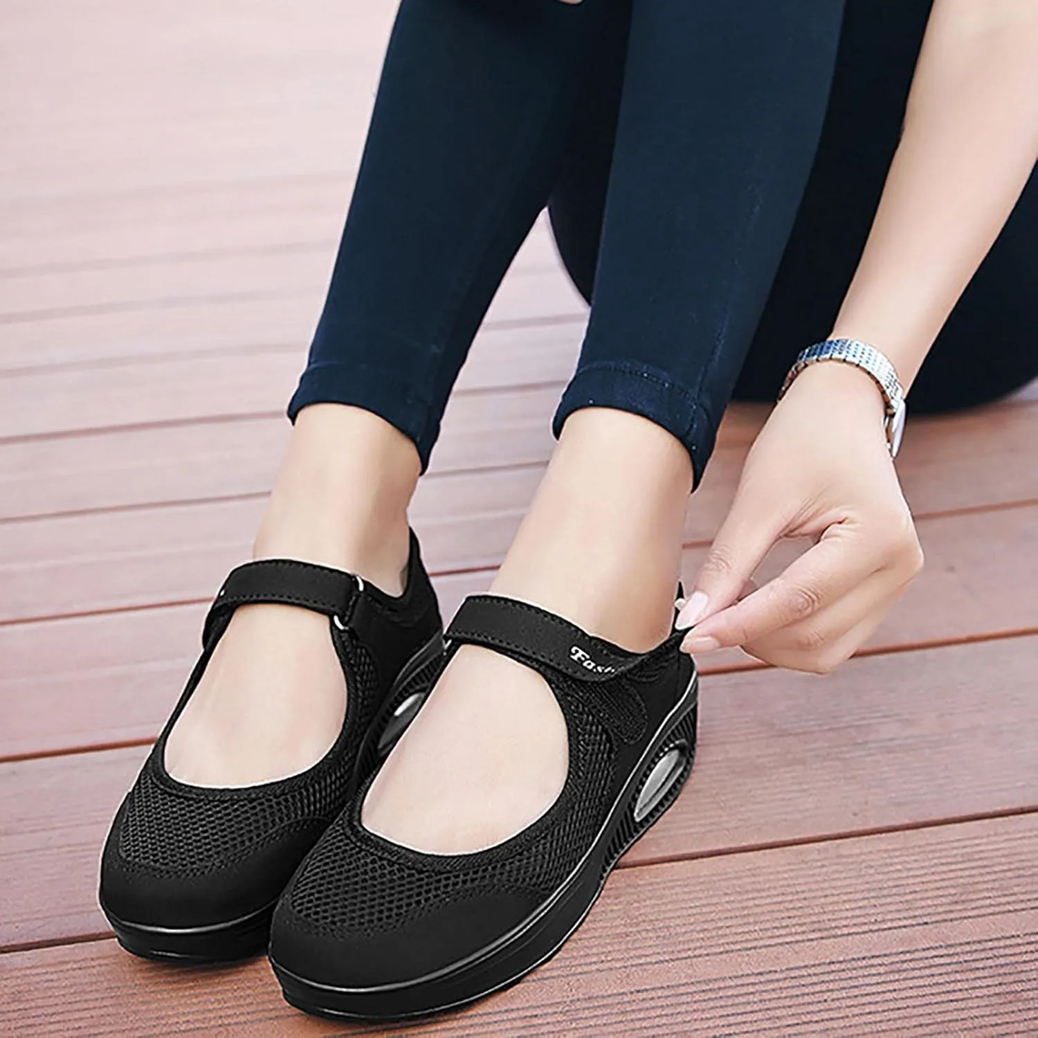 Womens Mesh Walking Shoes Working Nurse Shoes Non-Slip Adjustable Breathable Wedges Slip- Mary Janes Sneaker Fitness Casual Nursing Orthotic, Mary Jane Shoes, Lightweight Shoes Black