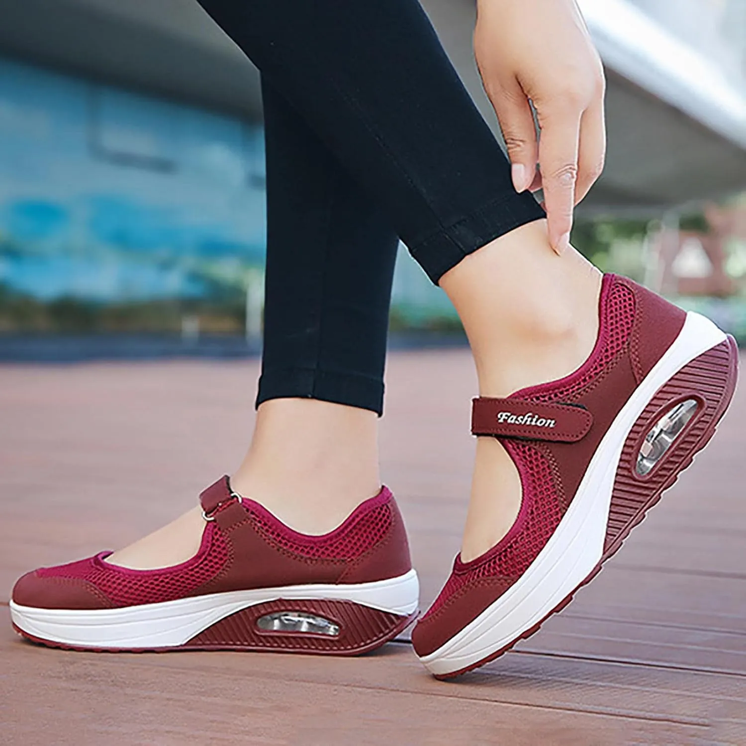 Womens Mesh Walking Shoes Working Nurse Shoes Non-Slip Adjustable Breathable Wedges Slip- Mary Janes Sneaker Fitness Casual Nursing Orthotic, Mary Jane Shoes, Lightweight Shoes Wine Red