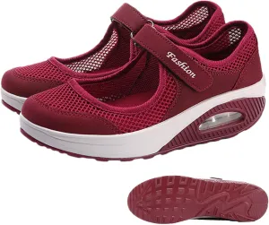 Womens Mesh Walking Shoes Working Nurse Shoes Non-Slip Adjustable Breathable Wedges Slip- Mary Janes Sneaker Fitness Casual Nursing Orthotic, Mary Jane Shoes, Lightweight Shoes Wine Red