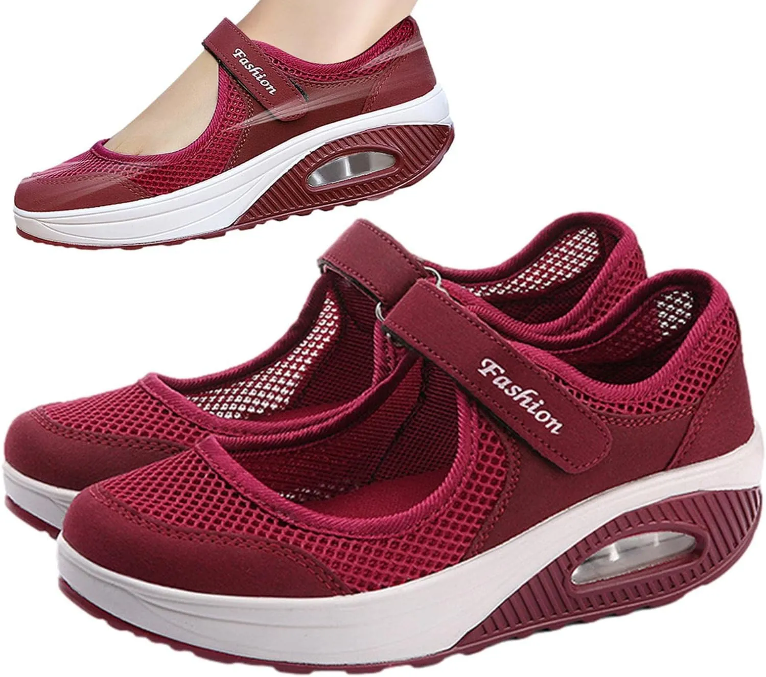 Womens Mesh Walking Shoes Working Nurse Shoes Non-Slip Adjustable Breathable Wedges Slip- Mary Janes Sneaker Fitness Casual Nursing Orthotic, Mary Jane Shoes, Lightweight Shoes Wine Red