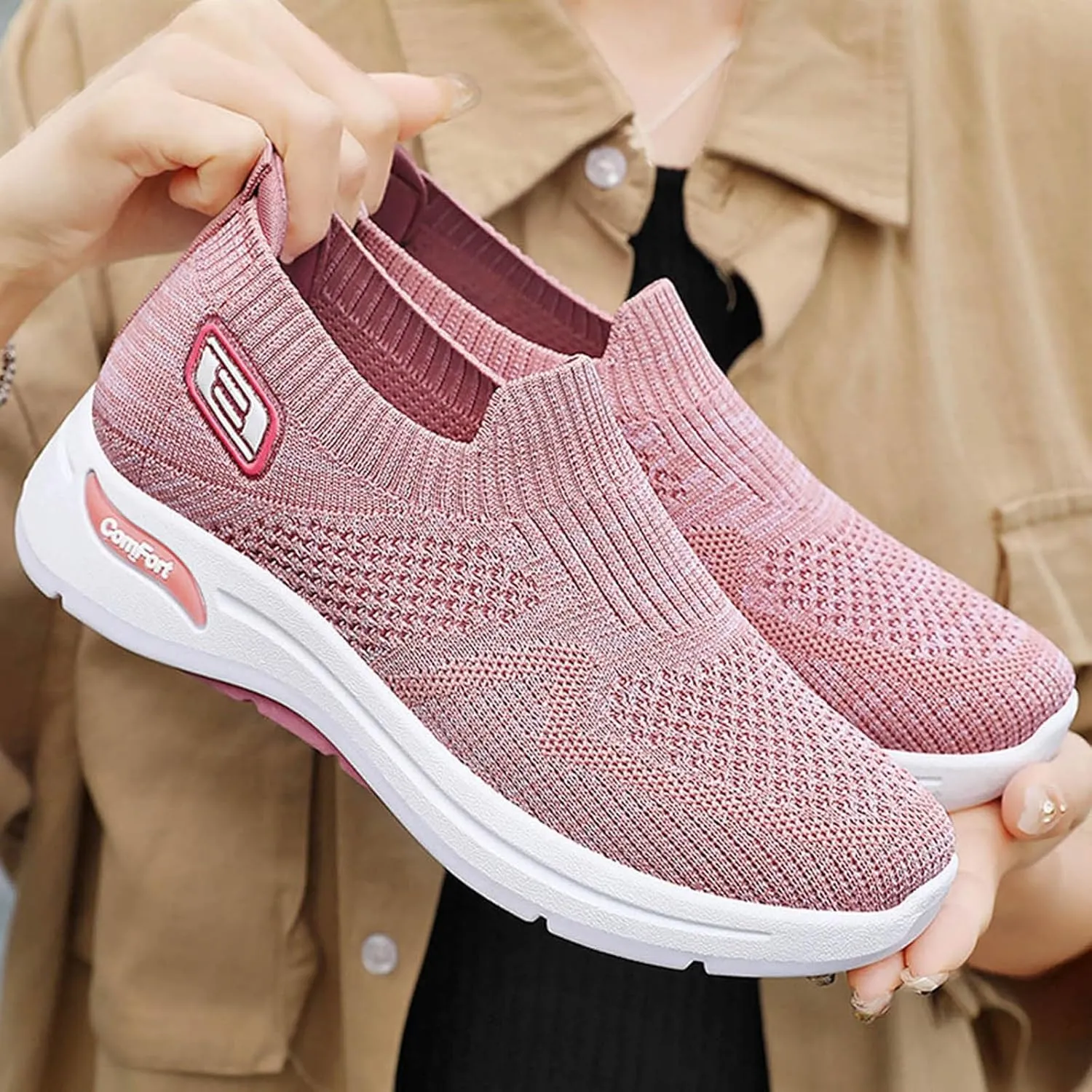 Womens Orthopedic Sneakers Slip On Running Tennis Shoes Breathable Woven Nurse Shoes Casual Air Cushion Walking Shoes