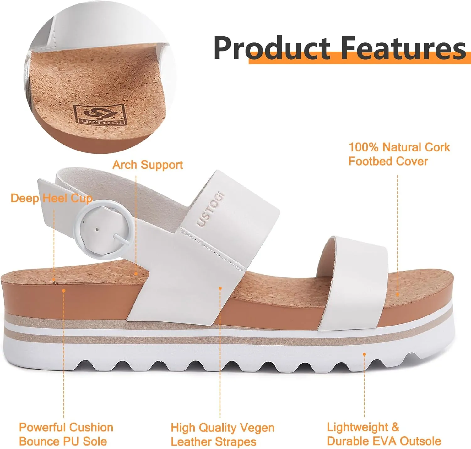 Women's Platform Sandals Arch Support Beach Slides for Woman Orthotic Summer Causal Cork Footbed Adjustable Buckle Elastic Band Cushion Cute Flatform sandalias de mujer