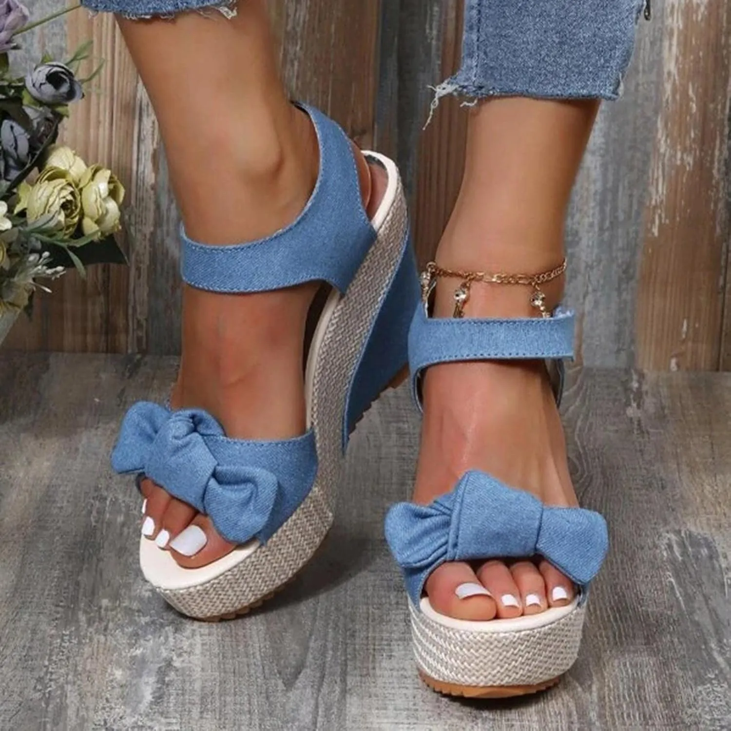 Women's Platform Sandals Wedge Open Toe Ankle Strap Lace Wedding Bridesmaid Shoes Dressy Close Toe Casual Bohemia Lightweight