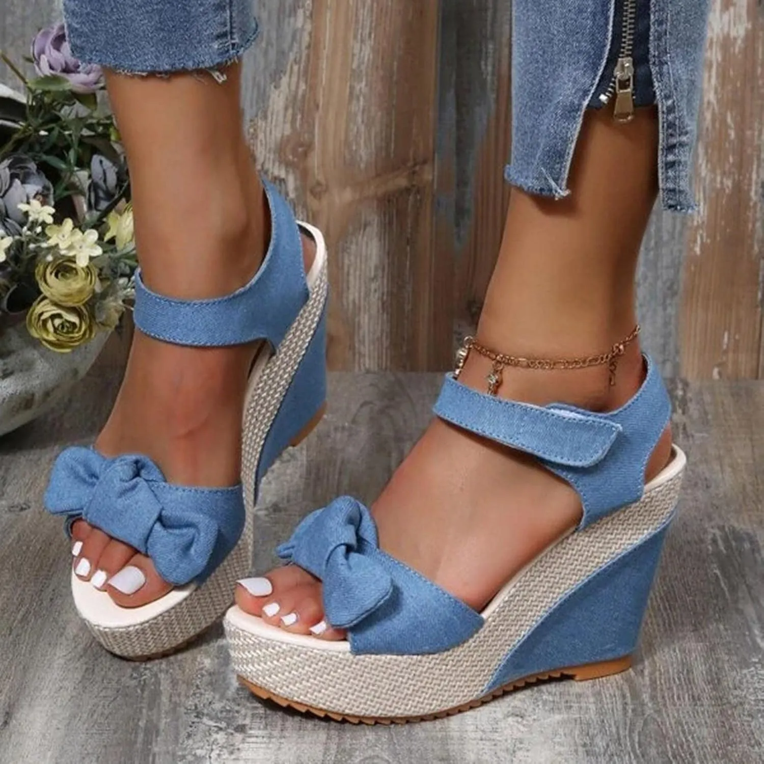 Women's Platform Sandals Wedge Open Toe Ankle Strap Lace Wedding Bridesmaid Shoes Dressy Close Toe Casual Bohemia Lightweight