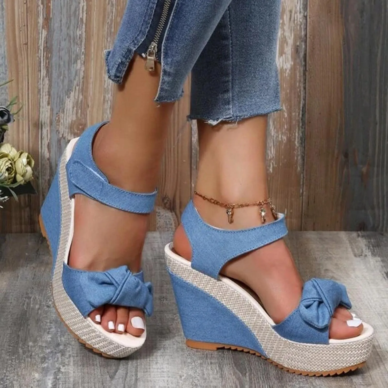 Women's Platform Sandals Wedge Open Toe Ankle Strap Lace Wedding Bridesmaid Shoes Dressy Close Toe Casual Bohemia Lightweight