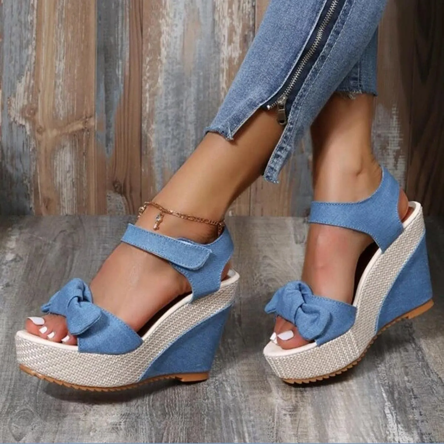 Women's Platform Sandals Wedge Open Toe Ankle Strap Lace Wedding Bridesmaid Shoes Dressy Close Toe Casual Bohemia Lightweight
