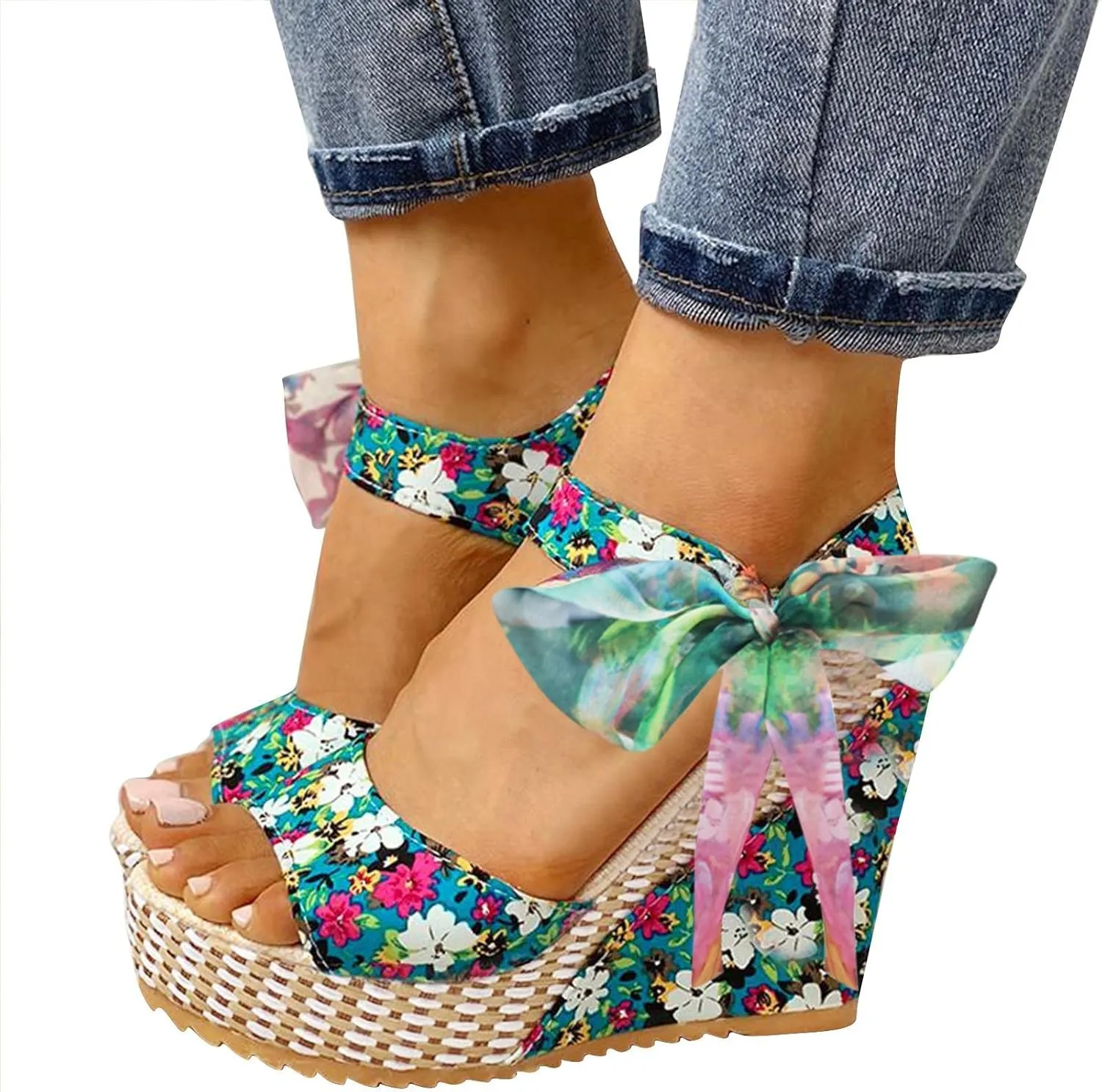 Women's Platform Sandals Wedge Open Toe Ankle Strap Lace Wedding Bridesmaid Shoes Dressy Close Toe Low Heel Lightweight