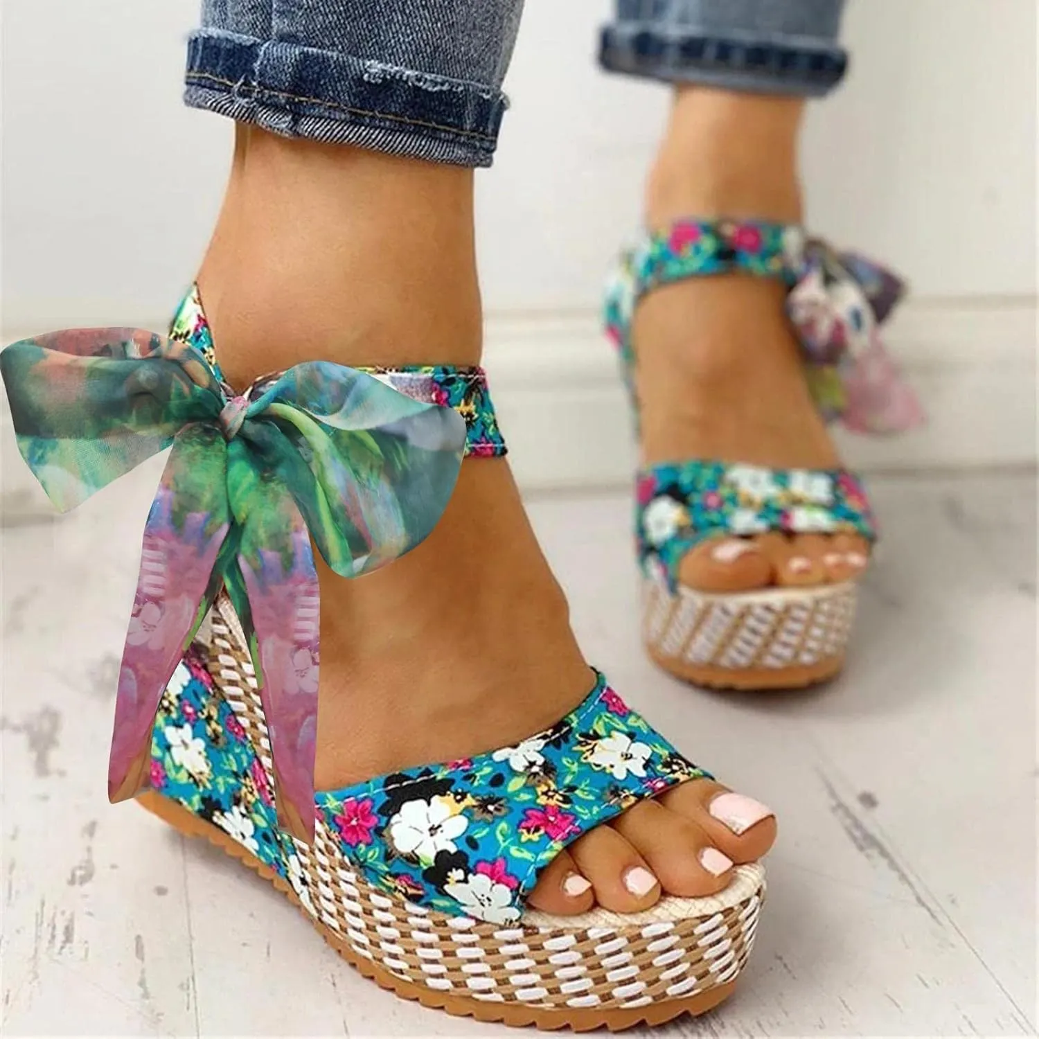 Women's Platform Sandals Wedge Open Toe Ankle Strap Lace Wedding Bridesmaid Shoes Dressy Close Toe Low Heel Lightweight