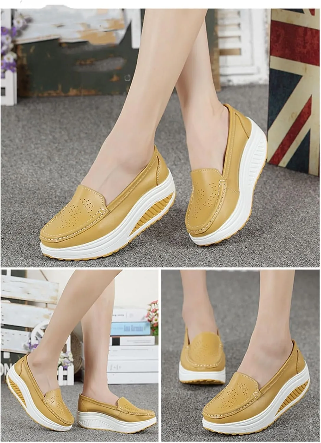 Women's Platform Slip-On Breathable Leather Nursing Shoes, Wedge Non-Slip Air Cushion Nurse Work Shoes, Casual Care Orthopedic Lightweight Shoes, Ideal for Nurse Healthcare Crews