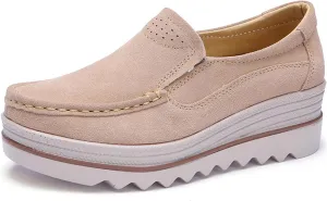 Women's Platform Slip-on Moccasins Wedge Thick Heel Inner Heightening Walking Shoe Breathable Non Slip Workout Shoes