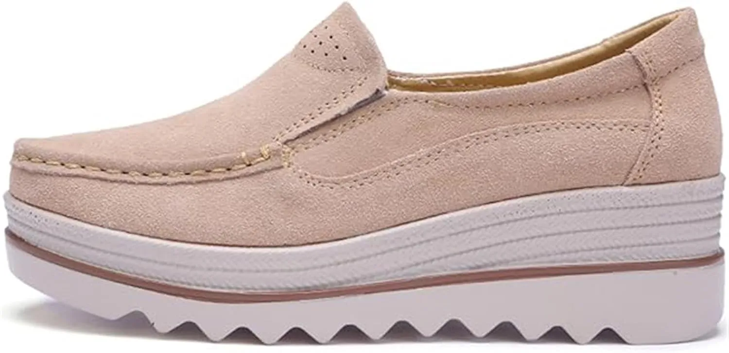Women's Platform Slip-on Moccasins Wedge Thick Heel Inner Heightening Walking Shoe Breathable Non Slip Workout Shoes