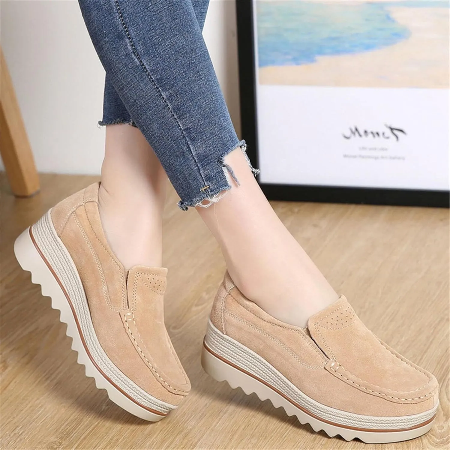 Women's Platform Slip-on Moccasins Wedge Thick Heel Inner Heightening Walking Shoe Breathable Non Slip Workout Shoes