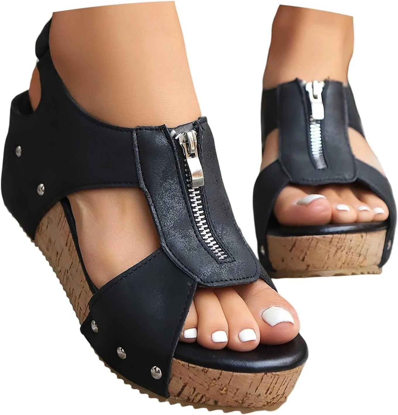 Women's Platform Wedge Sandals Open Toe Non Slip Cork Footbed Wedge Sandals Adjustable Hook and Loop Closure Shoes Lightweight for All Day Wear