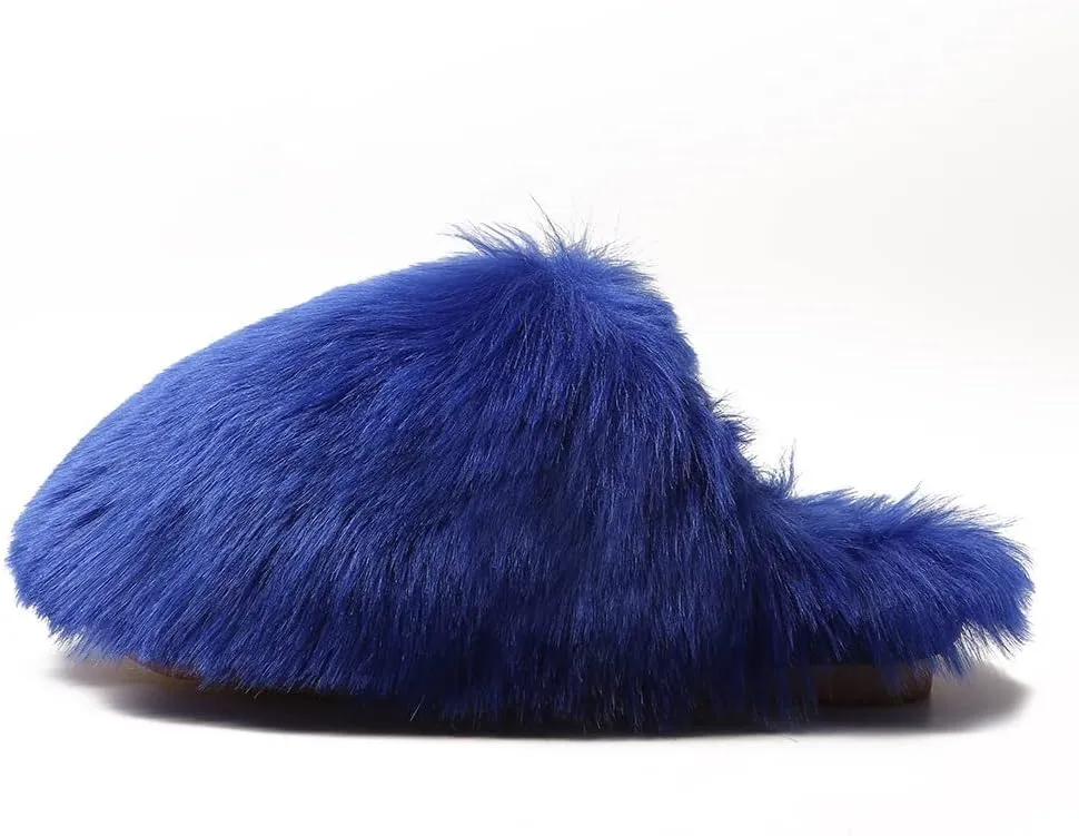 Women's Plush Faux Fur Slipper Slide Sandal Soft Furry Fuzzy Fluffy Lovely Indoor Outdoor Slip On Slippers Multicolor Winter House Shoes