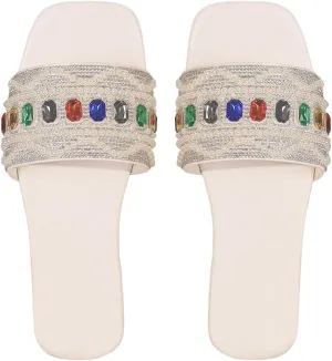 Women's Rhinestone Flat Sandals Pearl Glamorous Square Open Toe Dressy Slide Sandals