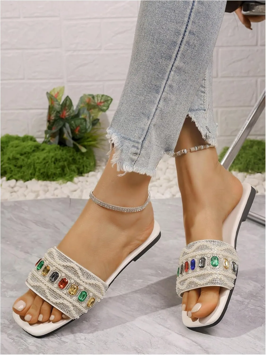 Women's Rhinestone Flat Sandals Pearl Glamorous Square Open Toe Dressy Slide Sandals
